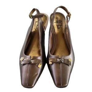 Brown shimmer sling back with buckle and bow